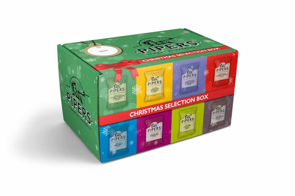Branded product packaging, a christmas selection box of Pipers Crisps using their branding and images of the crisps on the box