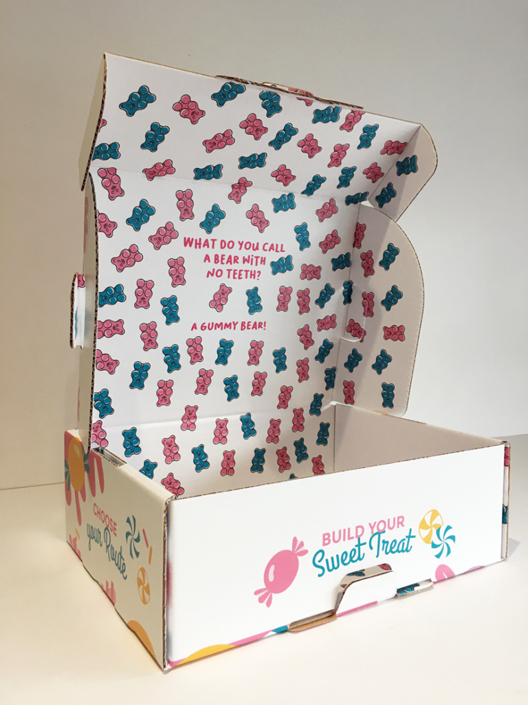 a cardboard packaging for a sweet shop that has sweets illustrated on it such as lollipops and gummy bears