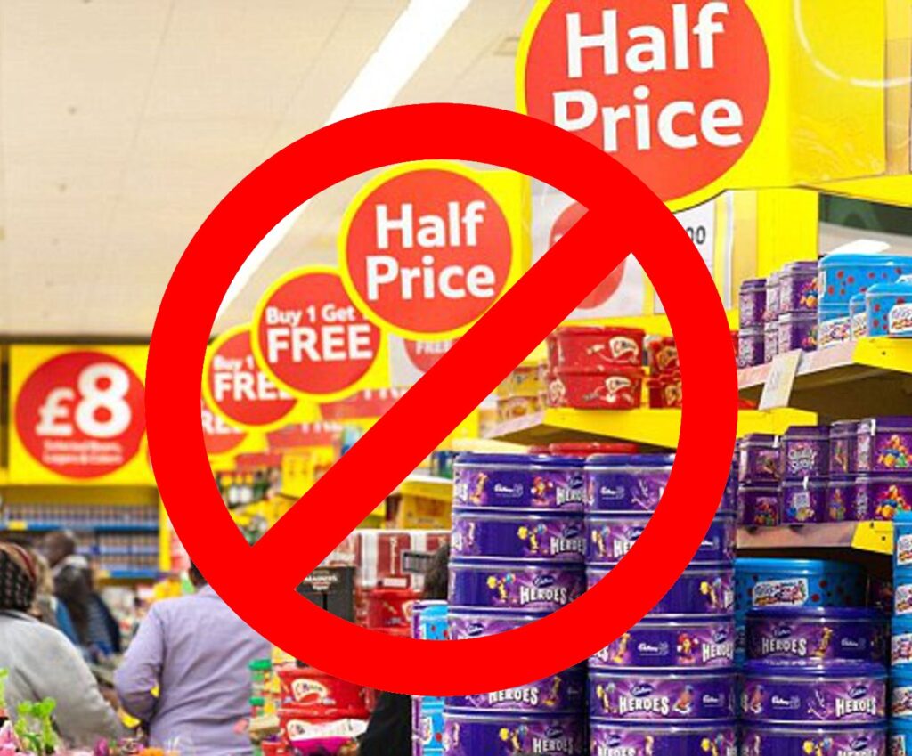 Promotional zones in stores prevented from displaying 'Half Price' deals on confectionery products. 