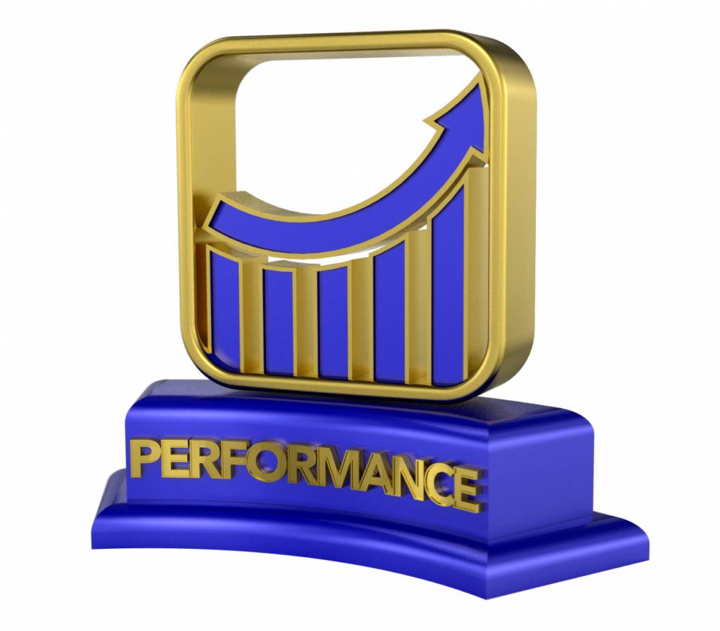 A blue and gold upwards bar graph with the work 'performance' underneath it