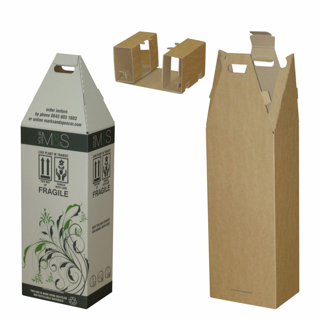 A packaging solution for M&S flowers, a rectangular box with a pyramid peak at the top